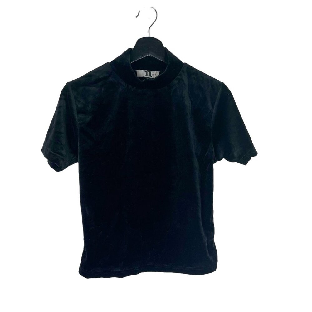 Vintage 90s Black Velour Mock Neck Short Sleeve Top Medium